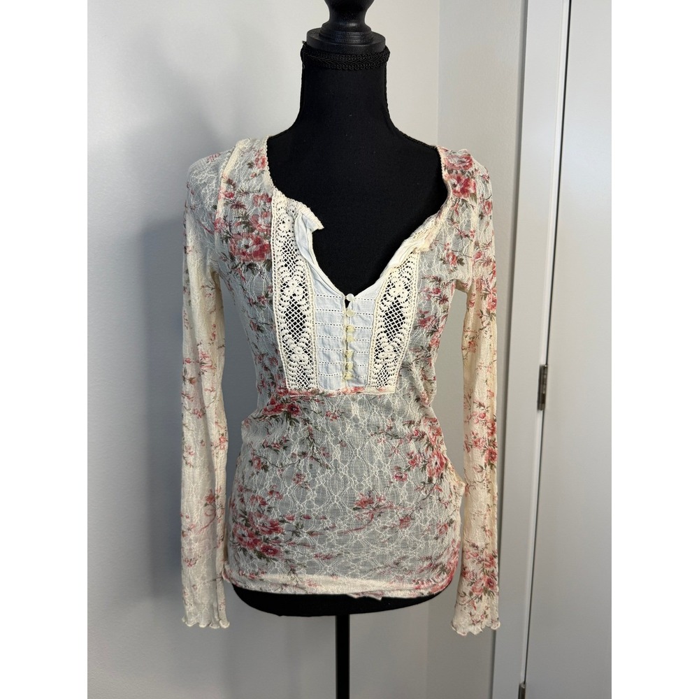 Denim‎ & Supply Ralph Lauren Floral Lace Mesh Long Sleeve Top Pink Cream Medium